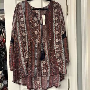 NWT New Directions Womens Plus Size 3X Multicolor Boho Bell Sleeves Blouse
